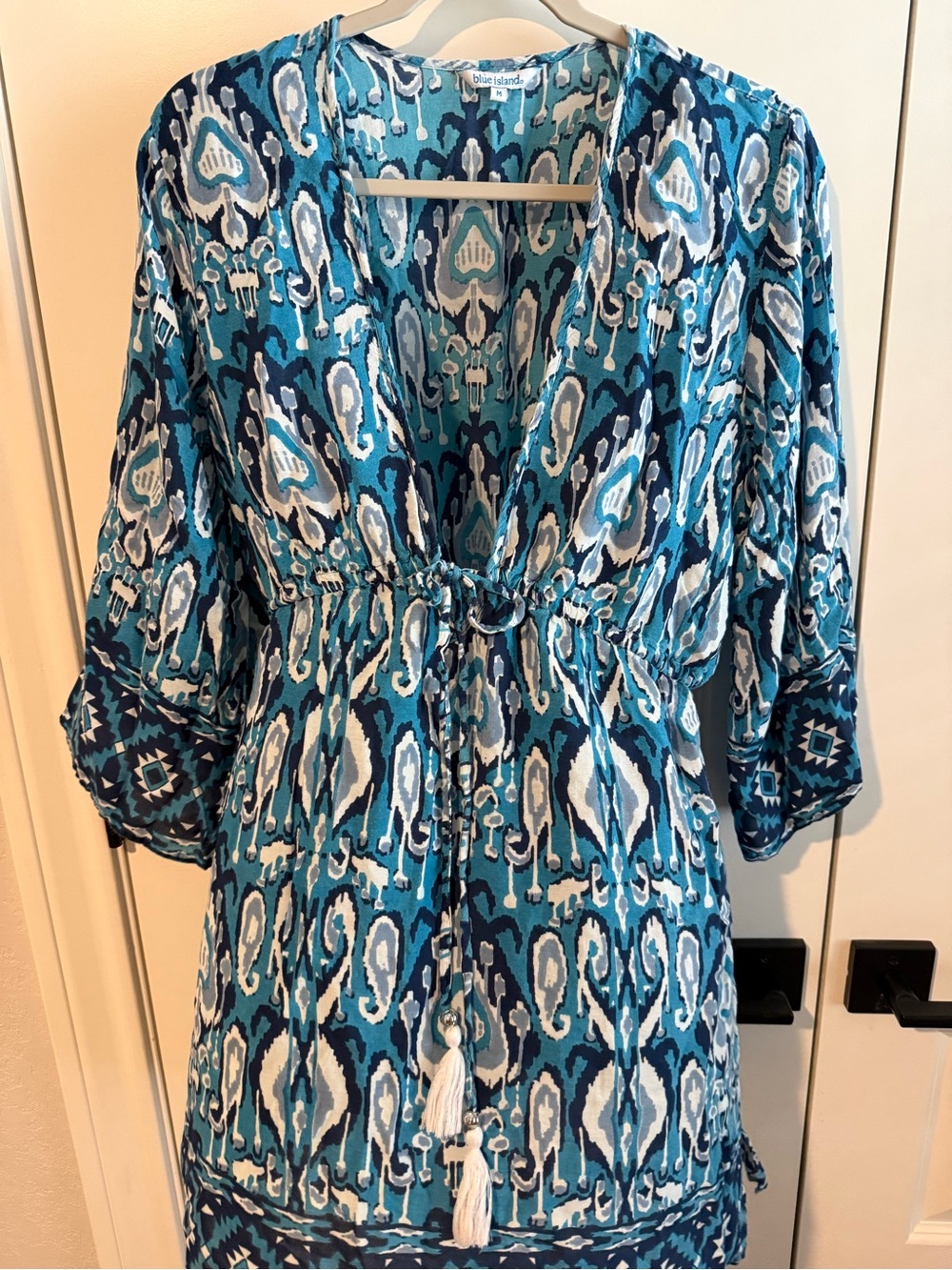 Blue Island Teal, Navy and White V-Neck Swim Cover-Up Dress, Sz M